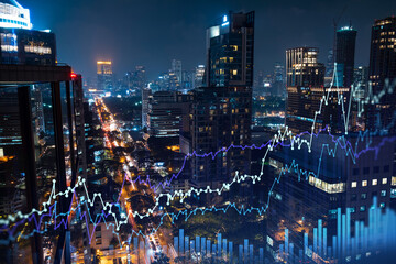 Stock market graph hologram, night panorama city view of Bangkok, popular location to gain financial education in Southeast Asia. The concept of international research. Double exposure.
