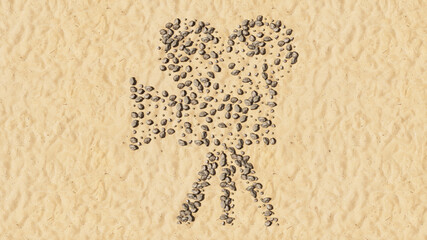 Concept conceptual stones on beach sand handmade symbol shape, golden sandy background, retro video camera sign. 3d illustration metaphor for movie production, television, old motion media recording