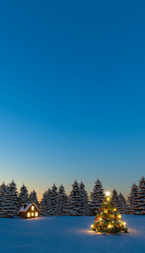 Weihnachtsgru&szlig;karte mit Christbaum und Winterlandschaft im Hochformat
