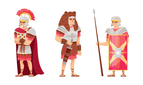 Ancient roman warriors set. Soldiers in armour cartoon vector illustration