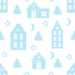 Vector seamless pattern winter landscape with houses. Paper cut design. Set of patterns