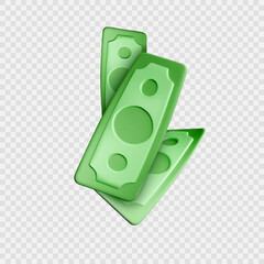 Dollar bill. Green 3d render american money. Dollar banknote in cartoon style. Vector illustration isolated on transparent background