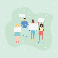 Group of standing protesters of different nationalities with placards in hands in flat style vector illustration