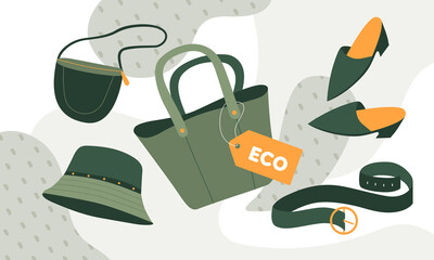 Green eco fabric accessories with orange tag.Cactus eco-leather concept. Vector illustratio - 473278940