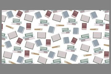 Doodle books background. Seamless pattern stacks and piles of different books, magazines and notebooks. Different books from library