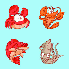 Set of cartoon sea animals