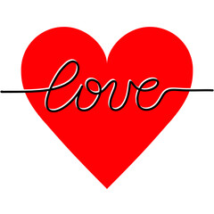 Love writing one line art drawing inside big red heart. Elegant vector illustration representing the love concept for prints, tattoos, posters, textile, web etc.