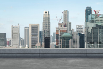 Panoramic Singapore skyline view, concrete observatory deck on rooftop, daytime. Asian corporate and residential lifestyle. Financial city downtown, real estate. Product display mockup empty roof