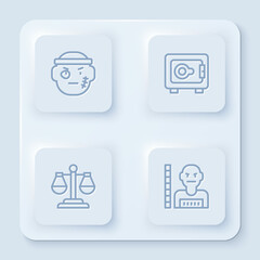 Set line Bandit, Safe, Scales of justice and Suspect criminal. White square button. Vector