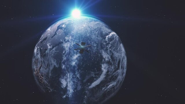 Camera moving out of Earth with satellite and 2022 number faded in. New Year space concept