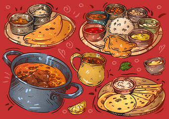 Indian food illustration. Hand drawn sketch. Chicken curry, masala, rice, spices, flatbread with sauce, dal soup, thali.Restaurant food collection, take away menu design. Vector doodle set - obrazy, fototapety, plakaty