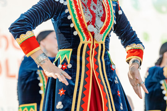 06 July 2021, Ufa, Russia: National Bashkir women dance in traditional clothes at the international festival Folkloriada