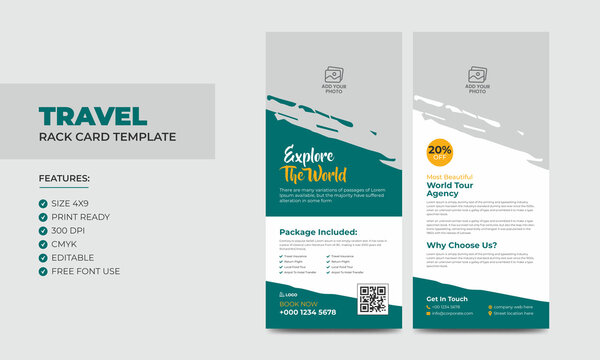 Travel Rack Card or Dl Flyer Template. Double-Sided Tour Poster Leaflet Design Template