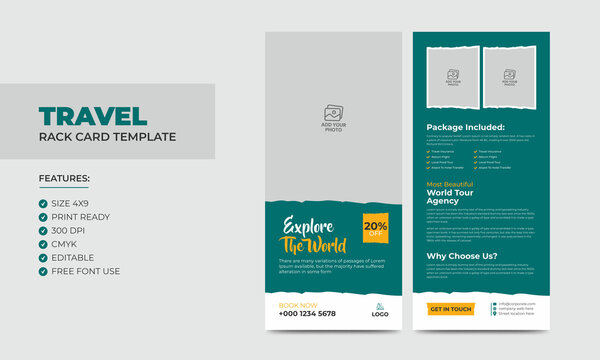 Travel Rack Card or Dl Flyer Template. Double-Sided Tour Poster Leaflet Design Template