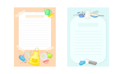 Pages for recipe entries set. Kitchen book lined paper for adding your own recipe cartoon vector illustration