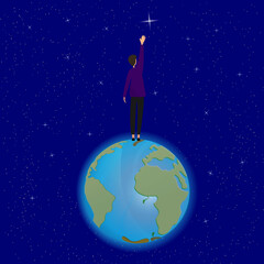 man stands on the planet Earth and tries to get a star from the sky. Vector illustration in a flat style. The concept of the place and the achievement of the goal