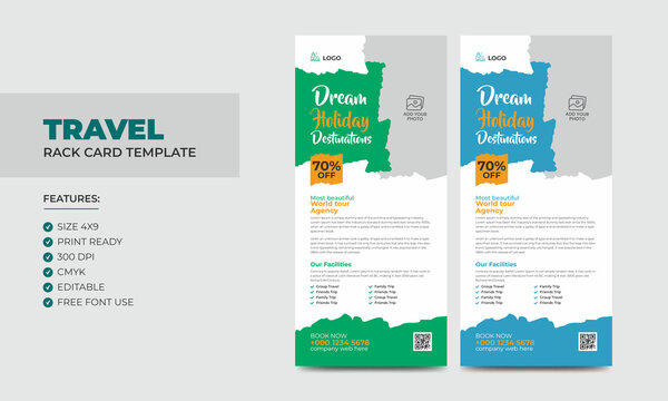Travel Rack Card or Dl Flyer Template. Double-Sided Tour Poster Leaflet Design Template
