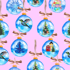 Christmas seamless pattern with Christmas trees, glass balls houses and hummingbirds. Festive background for textiles, wallpaper and packaging.
