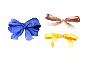 A collection of gift bows made of fabric, isolated on a white background. Watercolor drawing for the design and decoration of postcards.