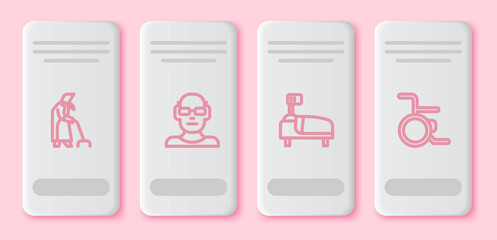 Set line Grandmother, Poor eyesight, Hospital bed and Wheelchair. White rectangle button. Vector