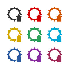 Arrow growth gear business icon isolated on white background, color set