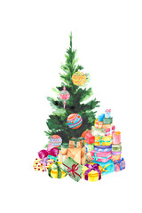 A festive composition with a green Christmas tree and a bunch of colorful gifts.Watercolor drawing for the design of postcards and bright illustrations.