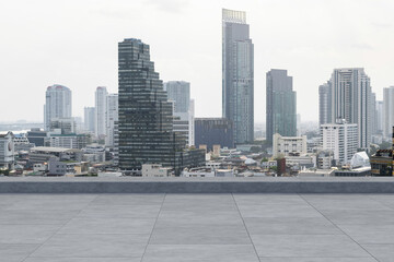 Panoramic Bangkok skyline view, concrete observatory deck on rooftop, daytime. Luxury Asian corporate and residential lifestyle. Financial city downtown, real estate. Product display mockup empty roof