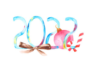 A festive composition with the numbers 2022, a bow, a Christmas tree toy and a caramel stick. Watercolor illustration for the design of postcards and posters.