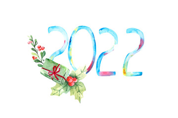 A festive composition with the numbers 2022, a holly, a gift and a green branch on a white background. Watercolor illustration for postcard design.