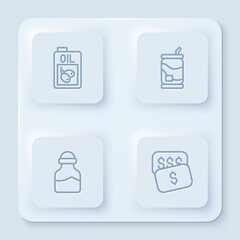 Set line Bottle of olive oil, Soda can, Spice in and New price tag dollar. White square button. Vector