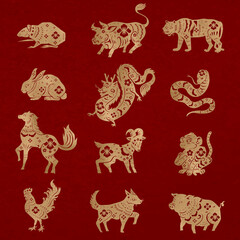 Chinese New Year animals vector gold animal zodiac sign stickers set