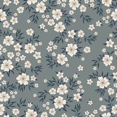 Fototapeta na wymiar intage pattern. Wonderful white, blue leaves. gray background. Seamless vector template for design and fashion prints.