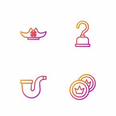 Set line Pirate coin, Smoking pipe, hat and hook. Gradient color icons. Vector