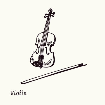 Violin. Ink black and white doodle drawing in woodcut style with inscription.