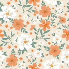 Vintage floral background. Seamless vector pattern for design and fashion prints. Floral pattern with white and orange flowers, green leaves on a light background.