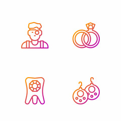 Set line Earrings, Tooth with diamond, Jeweler man and Wedding. Gradient color icons. Vector