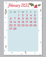 Calendar planner February 2022, calendar for print, holidays planner	

