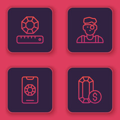 Set line Gem stone, Jewelry online shopping, Jeweler man and . Blue square button. Vector