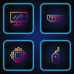 Set line Computer mouse, Processor with CPU, monitor screen and RAM, random access memory. Gradient color icons. Vector