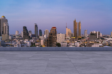 Panoramic Bangkok skyline view, concrete observatory deck on rooftop, sunset. Luxury Asian corporate and residential lifestyle. Financial city downtown, real estate. Product display mockup empty roof