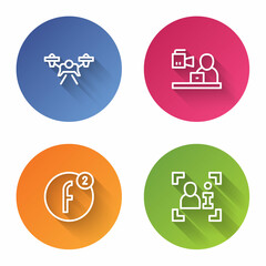 Set line Drone, Breaking news, Create account and Television report. Color circle button. Vector