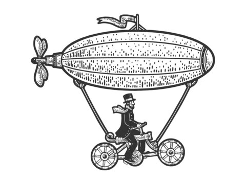 steampunk airship with man riding bicycle clip art preview