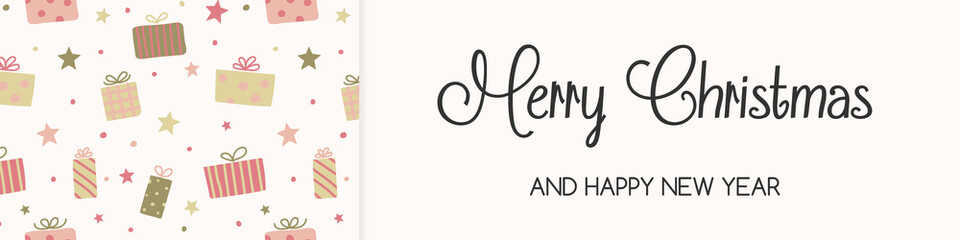 Design of a card with Christmas gift boxes and wishes. Vector