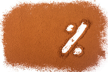 Handmade percentage symbol on a cocoa powder surface
