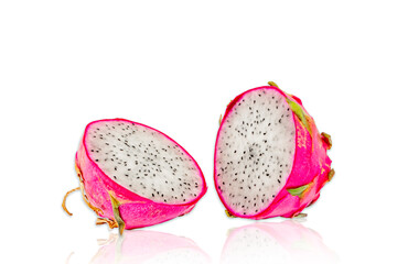 Dragon fruit piece cut in half in a white background