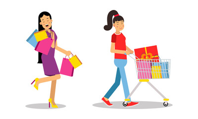 Girls walking with cart and carrying shopping bags set. People taking part in seasonal sale at store, mall vector illustration