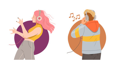 Young people listening to music and dancing set. Music lovers wearing headphones enjoying of listening music on smartphone vector illustration
