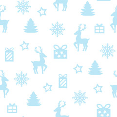 Vector seamless pattern winter landscape with deer, snowflakes and gifts. Paper cut design. Set of patterns