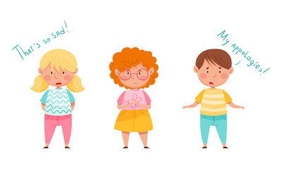 Cute little girls and boy apologizing and saying sorry set. Good manners of kids cartoon vector illustration