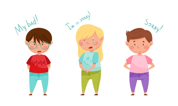 Cute little girl and boys saying sorry set. Good manners of kids cartoon vector illustration